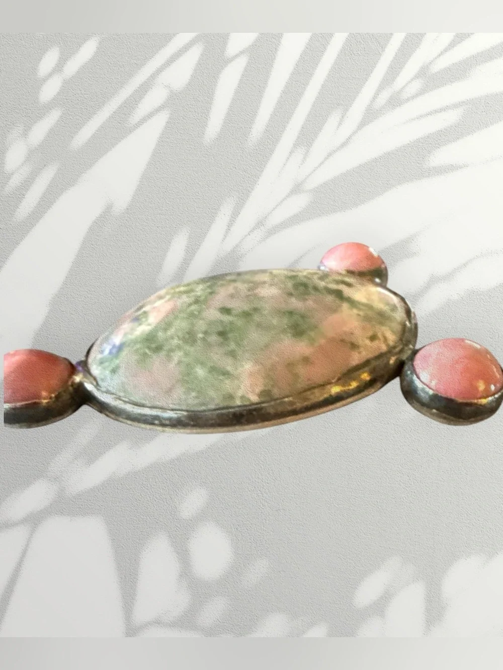 Vintage Sterling Silver Style Unakite & Pink Cabochon Statement Pendant